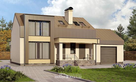 150-015-Л Проект двухэтажного дома с мансардой и гаражом, небольшой коттедж из теплоблока Грозный | Проекты домов от House Expert