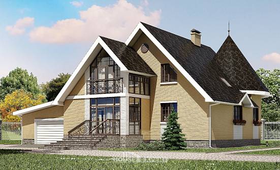 250-001-Л Проект двухэтажного дома с мансардным этажом и гаражом, красивый домик из газобетона Гудермес | Проекты домов от House Expert