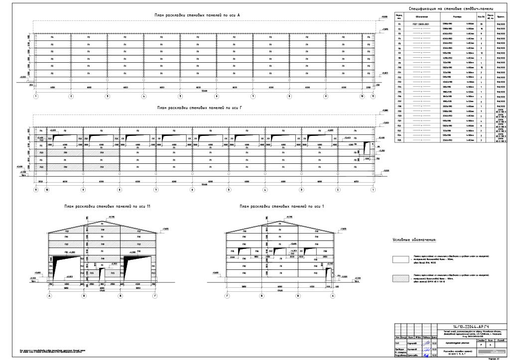 Архитектурные решения - Раскладка стеновых панелей по осям 1, 11, А, Г