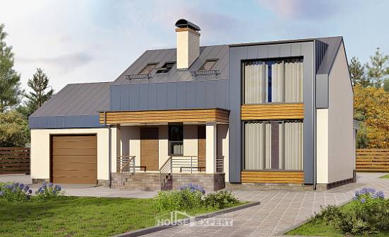 150-015-П Проект двухэтажного дома с мансардным этажом и гаражом, бюджетный загородный дом из керамзитобетонных блоков, Грозный